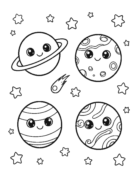 Line drawing of four smiling kawaii planets floating among stars and a comet