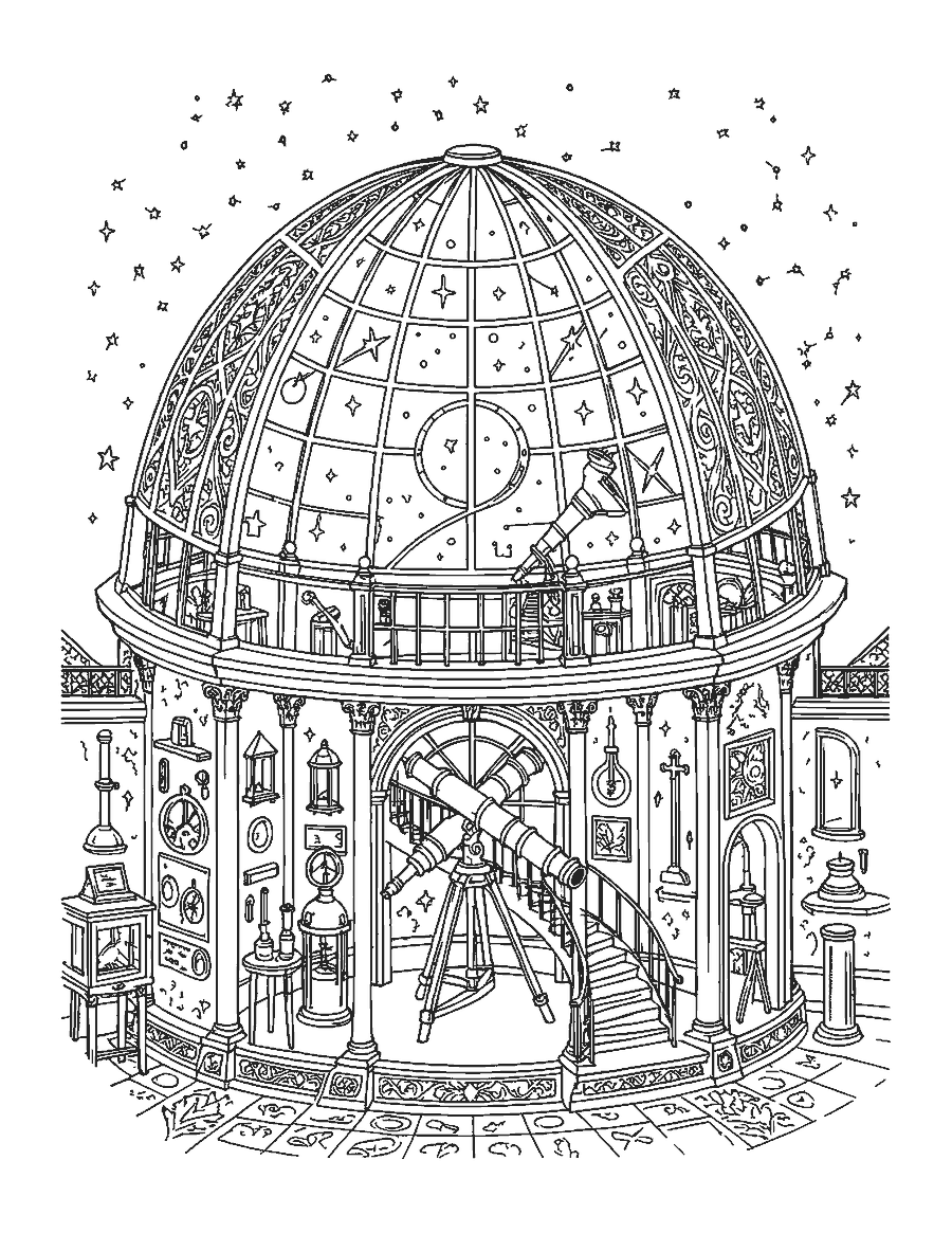 Line drawing of an old observatory with a big telescope and constellations above
