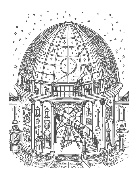 Line drawing of an old observatory with a big telescope and constellations above