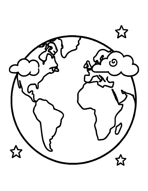 Line drawing of planet Earth with continents, oceans and clouds
