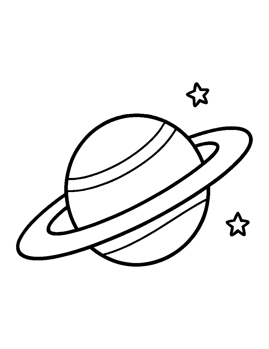 Line drawing of a big ringed planet with stripes and two stars