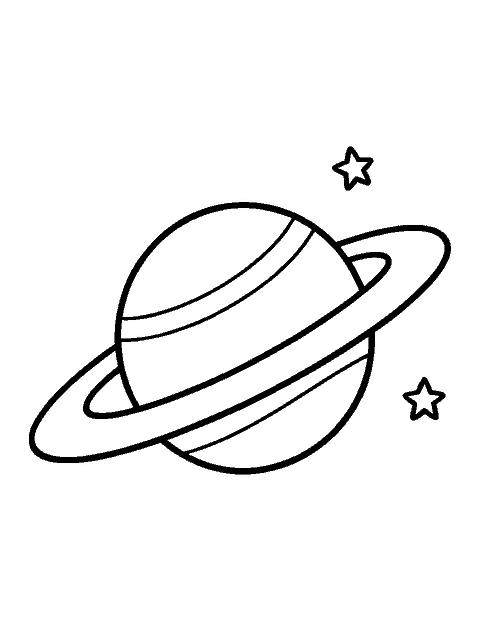 Line drawing of a big ringed planet with stripes and two stars