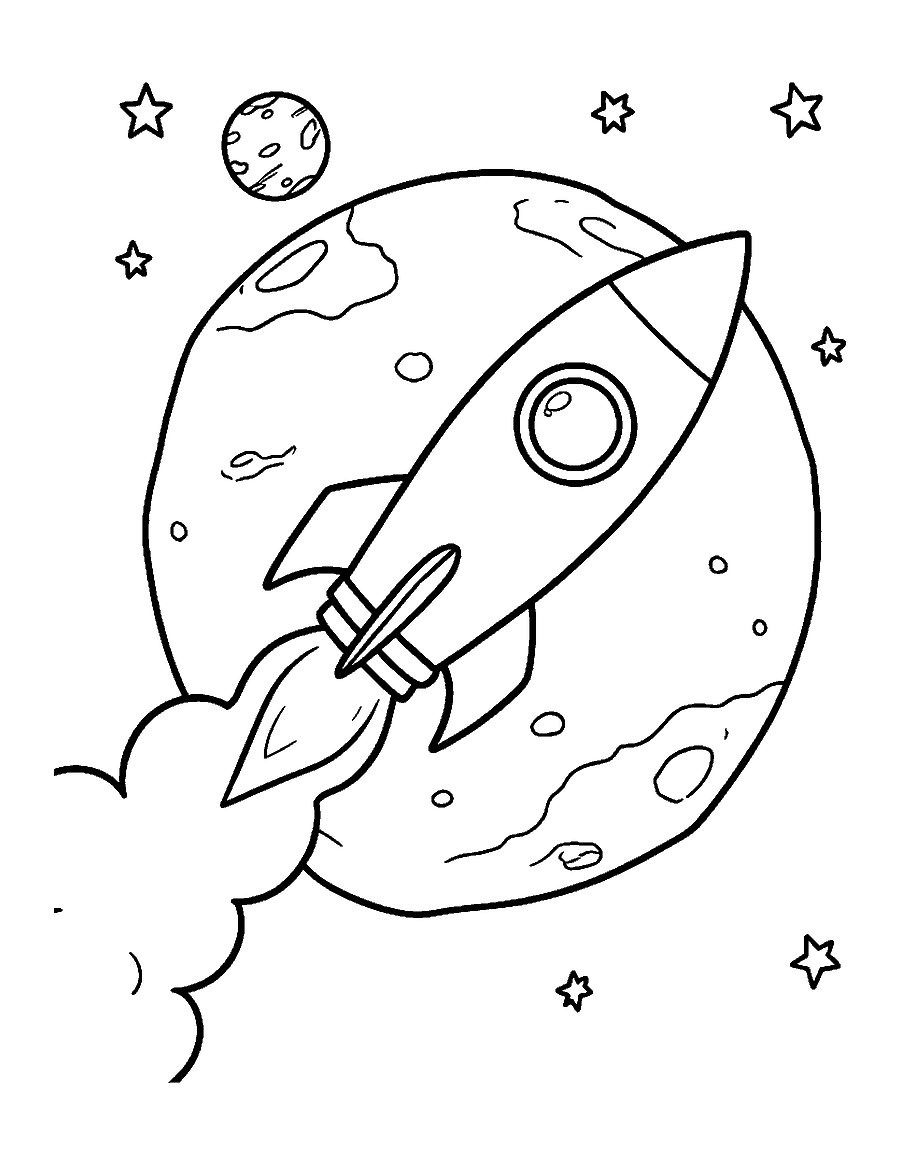 Line drawing of a rocket with a round window zooming past cratered planet Mars and a small moon