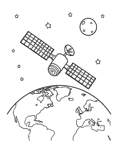 Line drawing of a satellite with solar panels orbiting above Earth