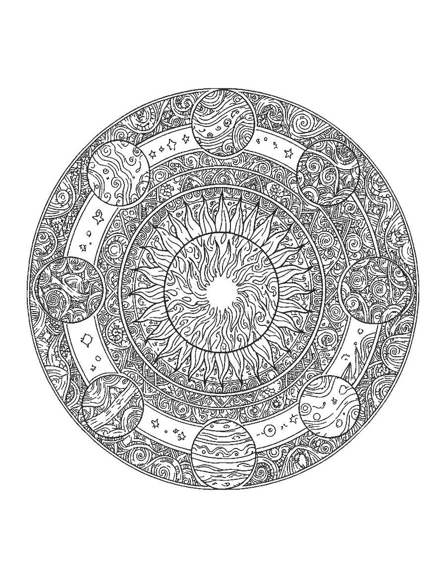 Line drawing of a round solar system mandala with patterned Sun and planets