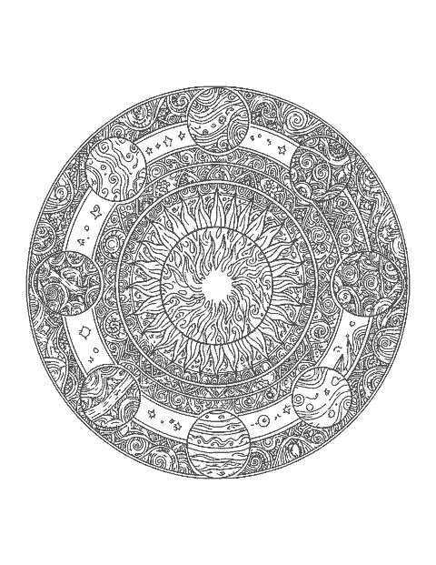 Line drawing of a round solar system mandala with patterned Sun and planets