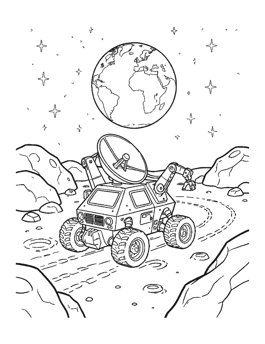 Line drawing of a six-wheeled rover exploring the Moon's craters with Earth in the sky above