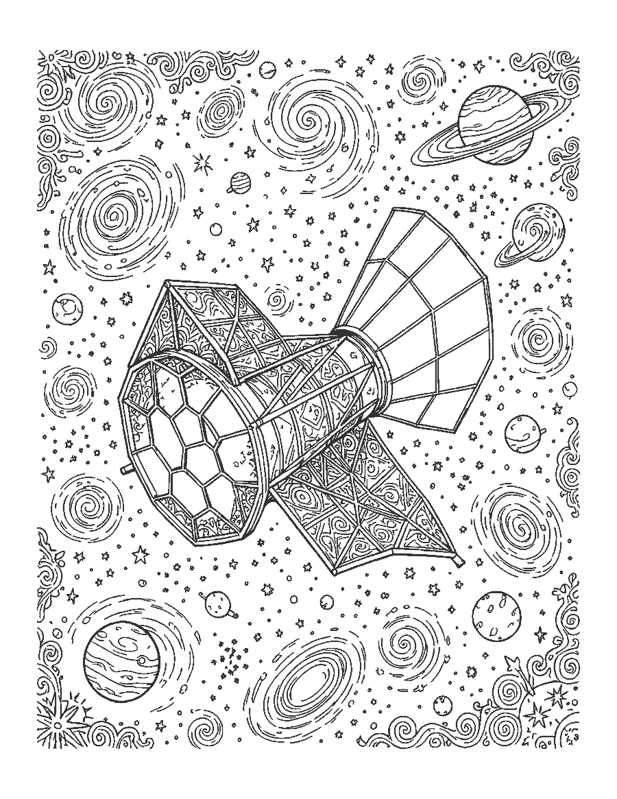 Line drawing of a space telescope with hexagon mirrors among galaxies and planets