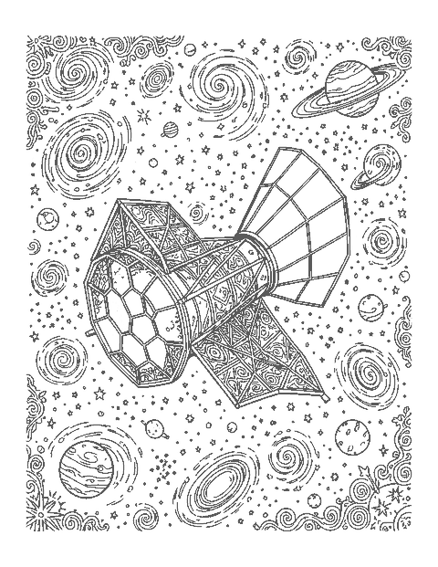 Line drawing of a space telescope with hexagon mirrors among galaxies and planets