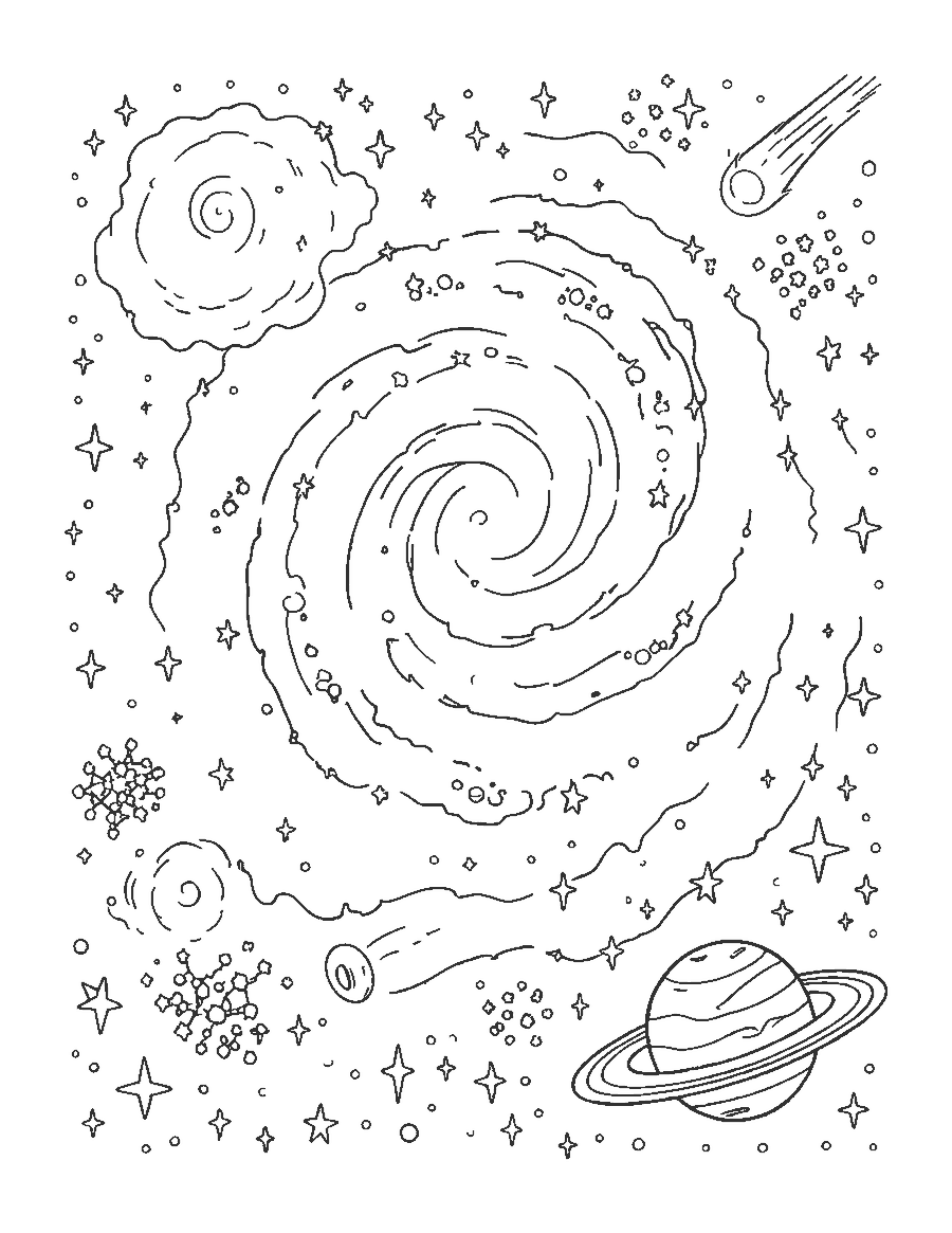 Line drawing of a spiral galaxy with nebula clouds, star clusters and a comet