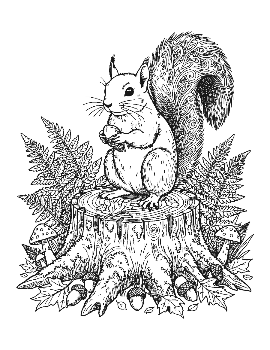 Line drawing of a realistic squirrel holding a hazelnut on a mossy stump with ferns