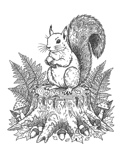 Line drawing of a realistic squirrel holding a hazelnut on a mossy stump with ferns