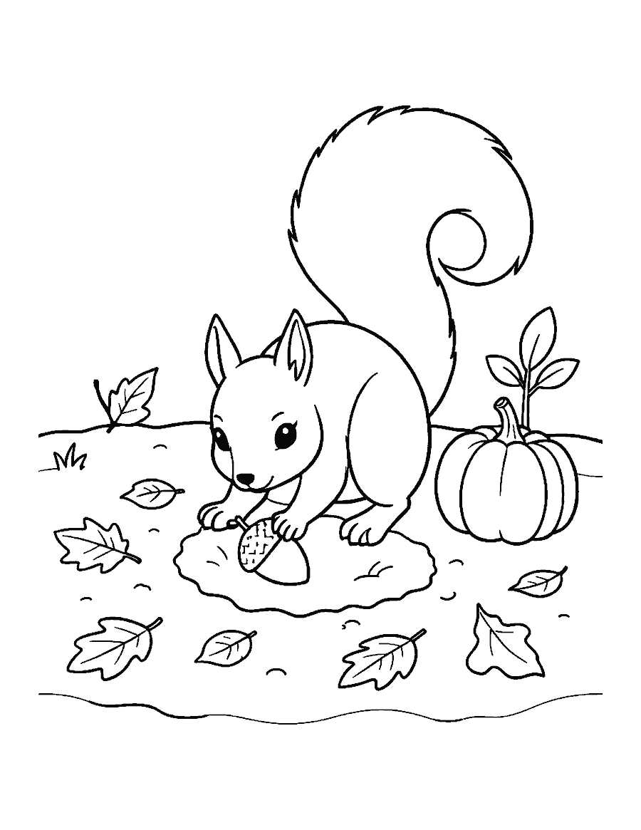 Line drawing of a squirrel burying an acorn beside a pumpkin and fallen leaves