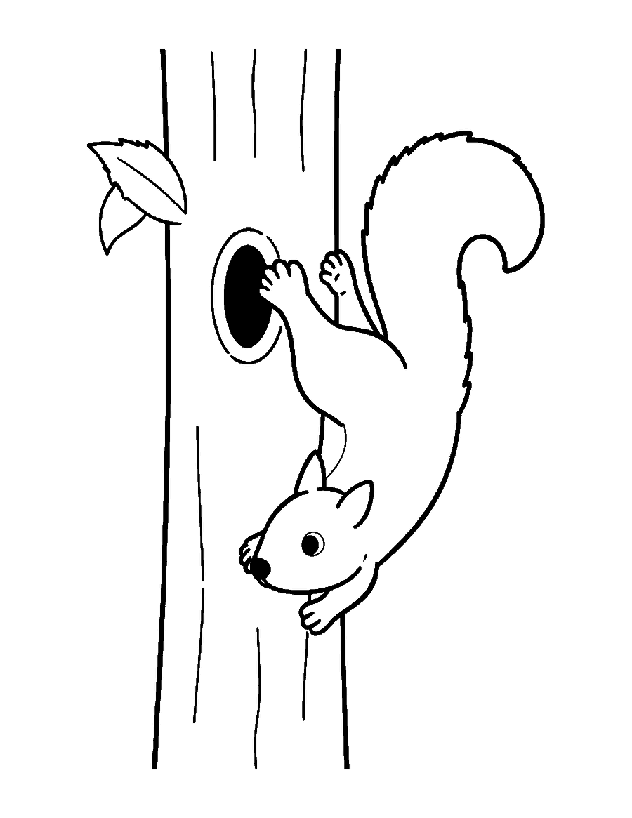 Line drawing of a squirrel climbing headfirst down a tree trunk with its tail raised
