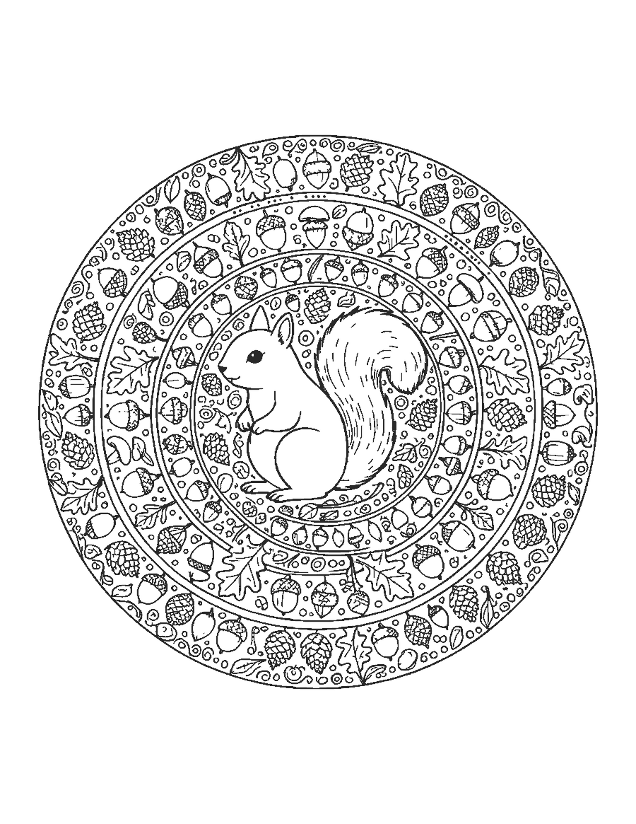 Line drawing of a squirrel inside a round mandala of acorns, pinecones and oak leaves