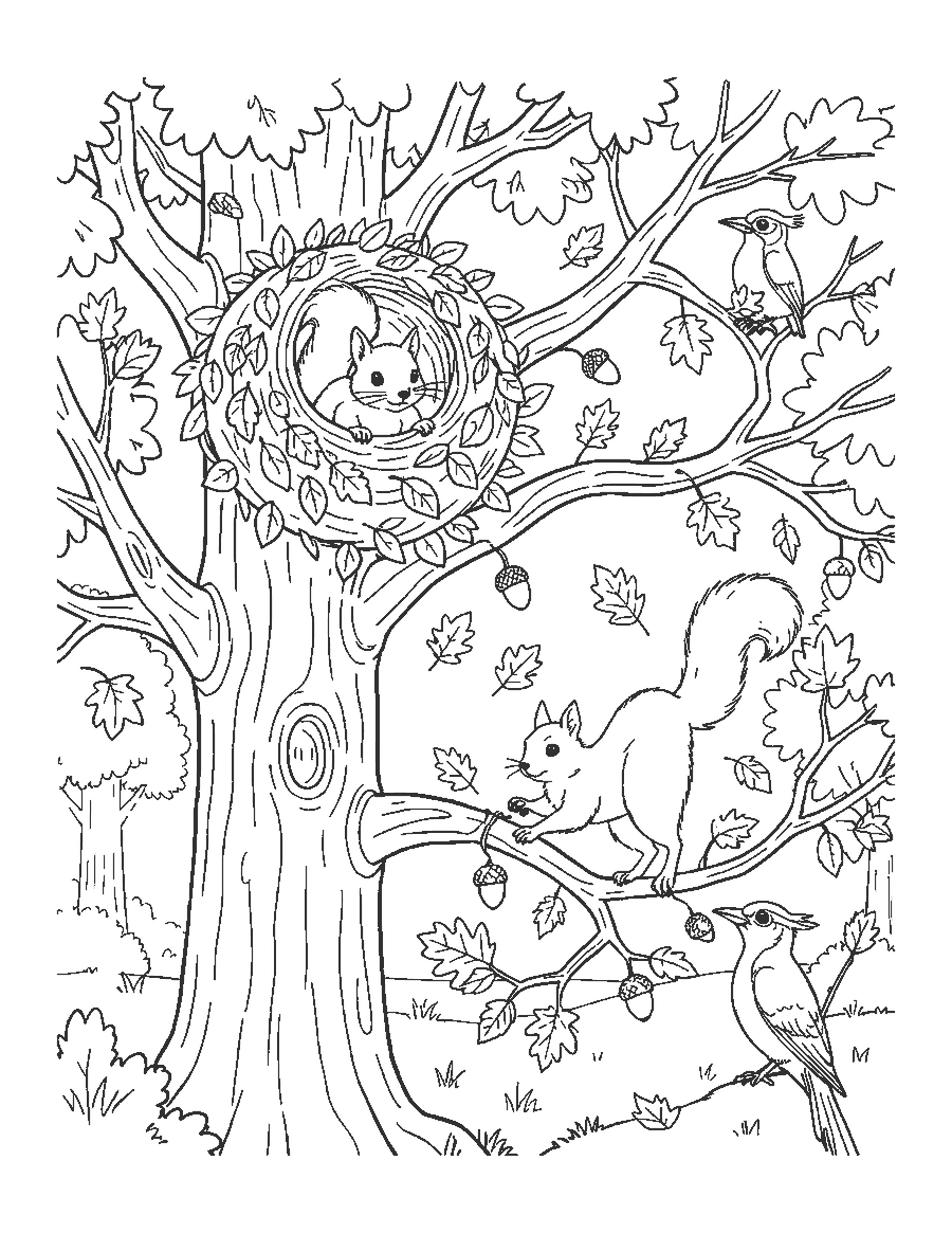 Line drawing of squirrels at a leafy nest in an oak tree with falling autumn leaves