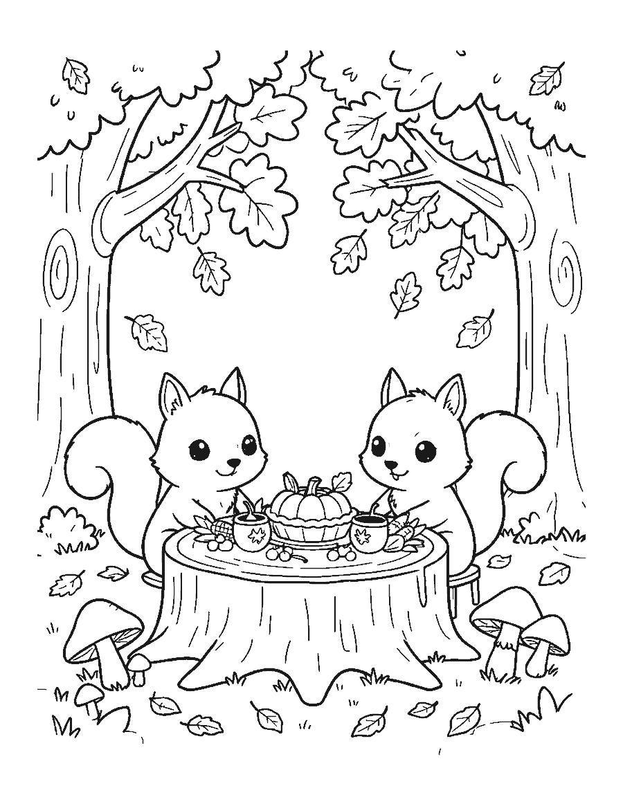 Line drawing of two cute squirrels at a tree-stump table with a tiny pumpkin pie
