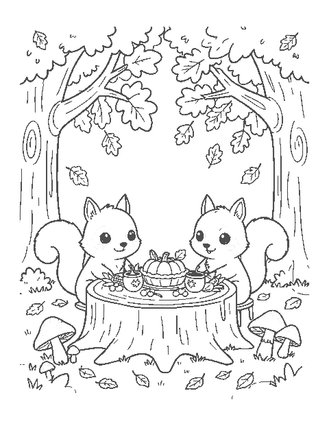 Line drawing of two cute squirrels at a tree-stump table with a tiny pumpkin pie
