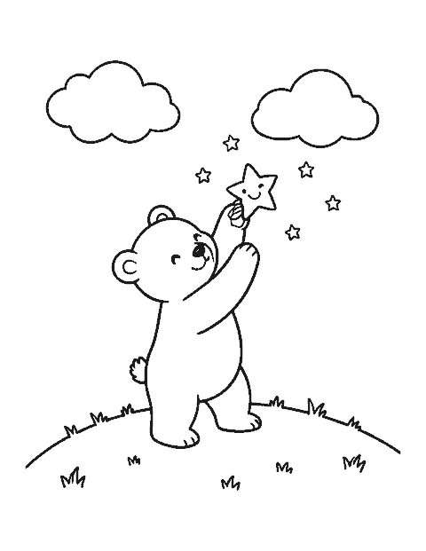 Line drawing of a bear cub on a hill reaching up to catch a smiling falling star
