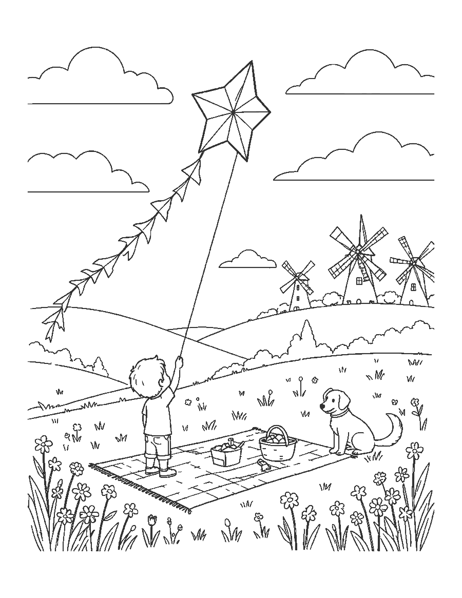 Line drawing of a child flying a star-shaped kite over a meadow with a dog and windmills
