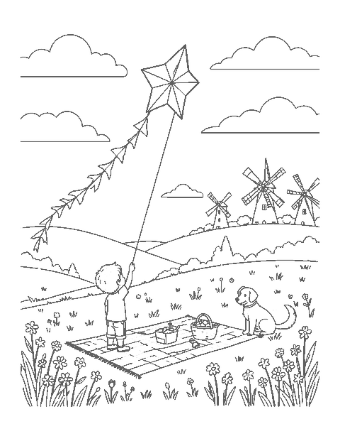 Line drawing of a child flying a star-shaped kite over a meadow with a dog and windmills