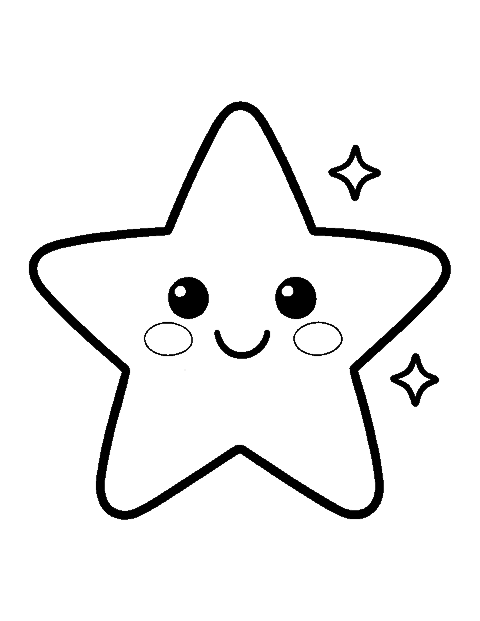 Line drawing of a big kawaii star with a smiling face and rosy cheeks