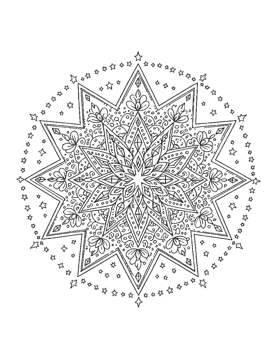 Line drawing of a mandala of layered pointed stars filled with diamonds and petals