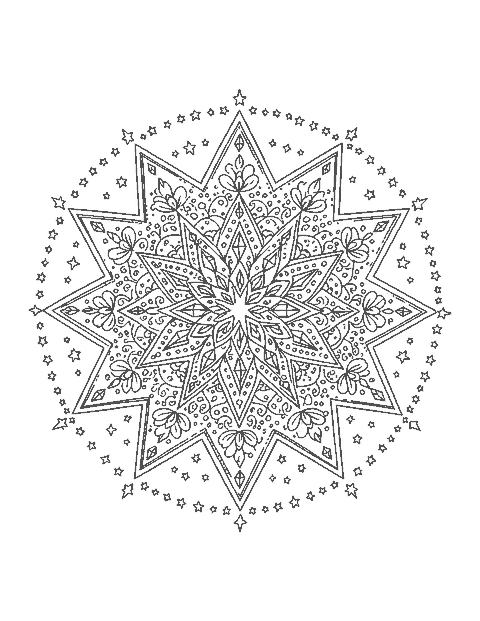 Line drawing of a mandala of layered pointed stars filled with diamonds and petals