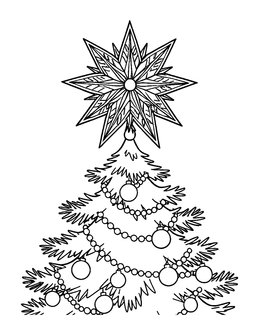 Line drawing of an ornate star topper on the tip of a Christmas tree with baubles