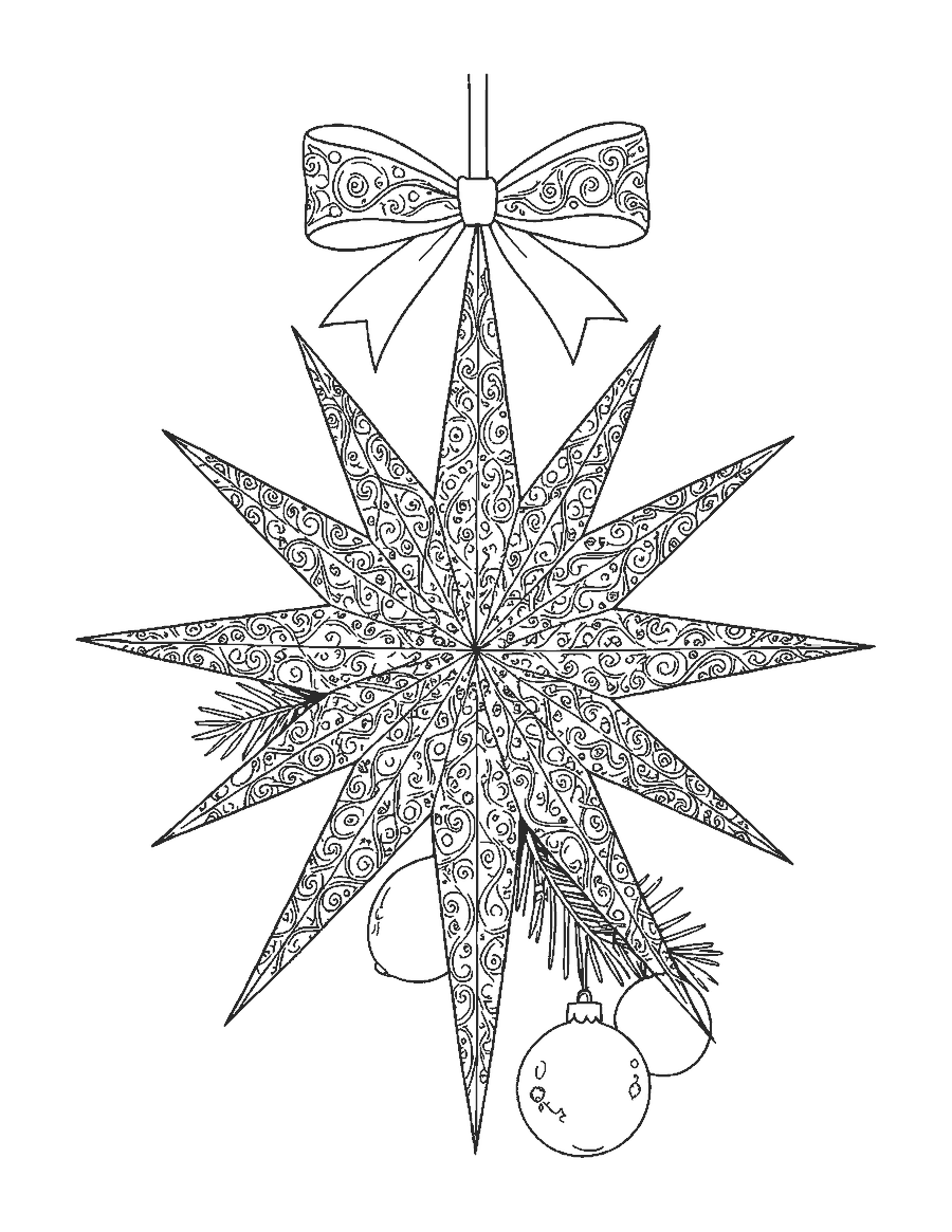 Line drawing of a spiky star ornament with filigree hanging above a pine sprig