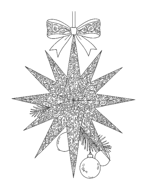 Line drawing of a spiky star ornament with filigree hanging above a pine sprig