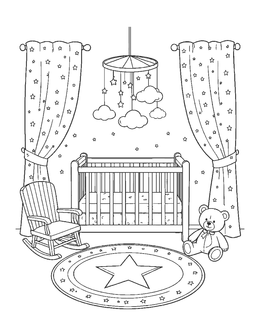 Line drawing of a nursery with a star mobile above a crib and a rocking chair