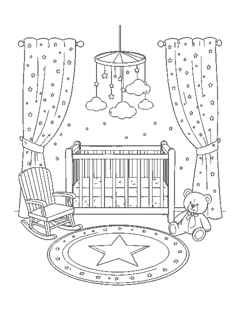 Line drawing of a nursery with a star mobile above a crib and a rocking chair