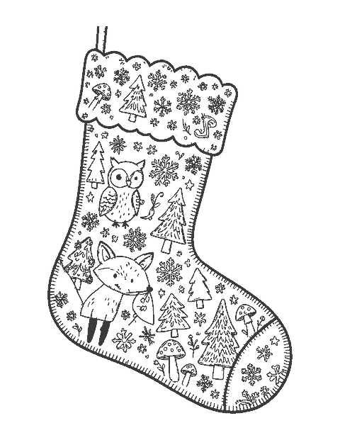 Line drawing of an embroidered felt Christmas stocking with a fox, an owl, pines and snowflakes