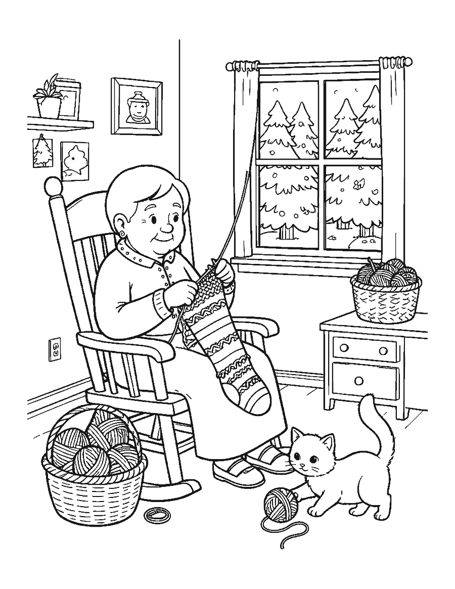 Line drawing of a grandmother knitting a Christmas stocking in a rocking chair with a kitten