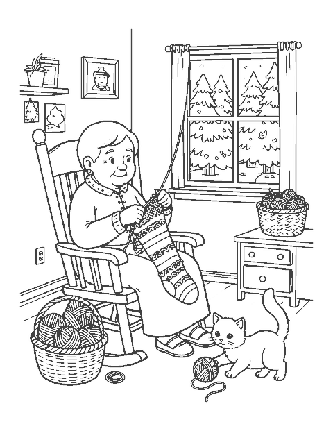 Line drawing of a grandmother knitting a Christmas stocking in a rocking chair with a kitten