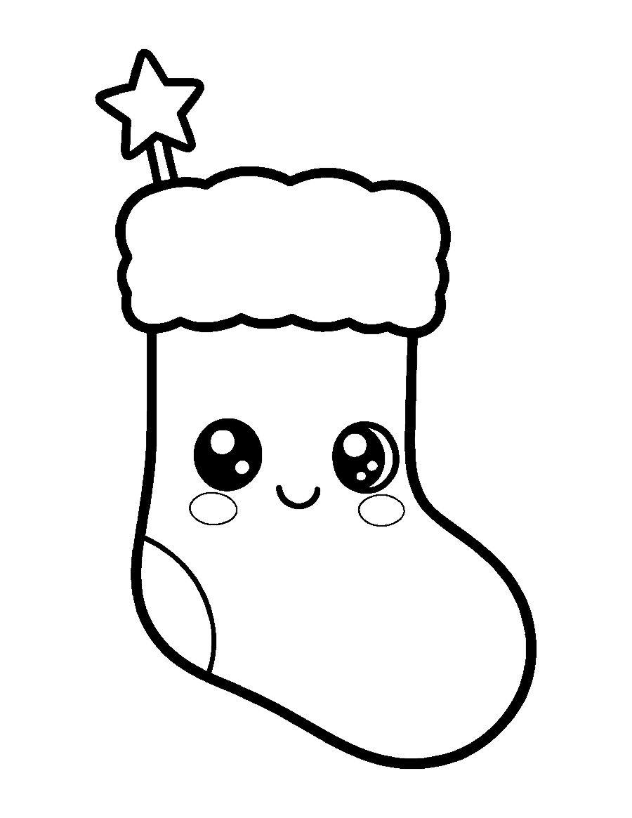 Line drawing of a cute smiling Christmas stocking with a fluffy cuff and a star poking out