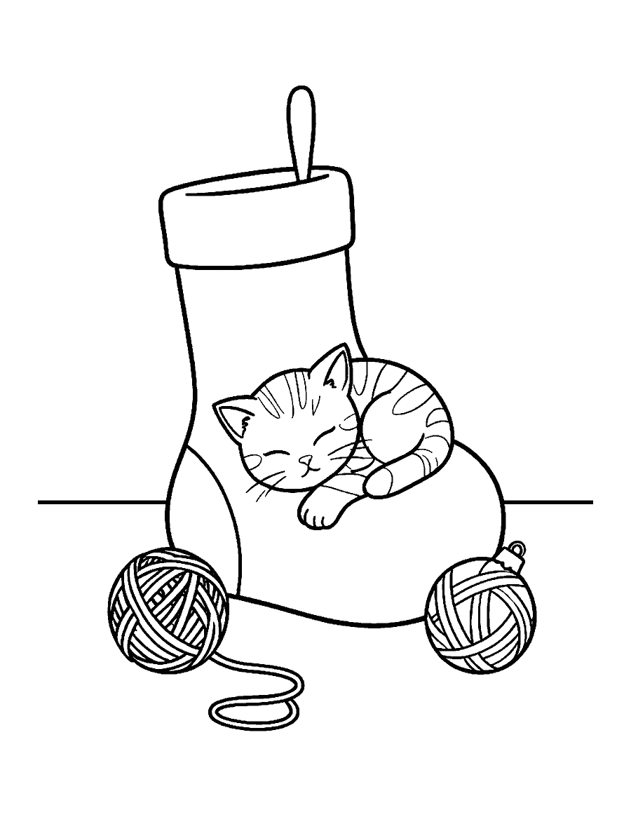 Line drawing of a kitten asleep inside a Christmas stocking with a ball of yarn and a bauble
