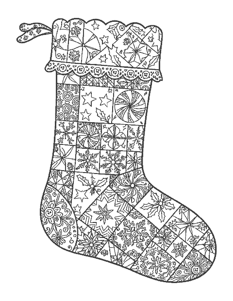 Line drawing of a patchwork Christmas stocking with quilt patterns of stars, pinwheels and holly