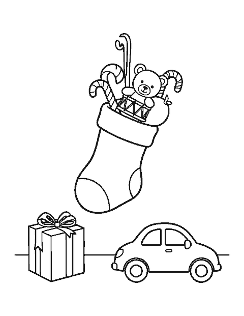 Line drawing of a Christmas stocking stuffed with a teddy bear, a candy cane, a drum and an orange