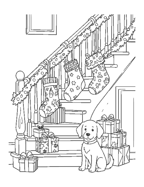 Line drawing of three Christmas stockings on a garland-wrapped banister with presents and a puppy