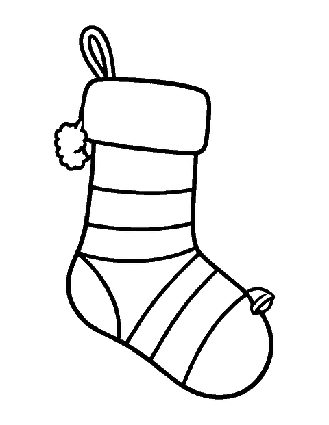 Line drawing of a striped knit Christmas stocking with pom-poms and a jingle bell on the toe