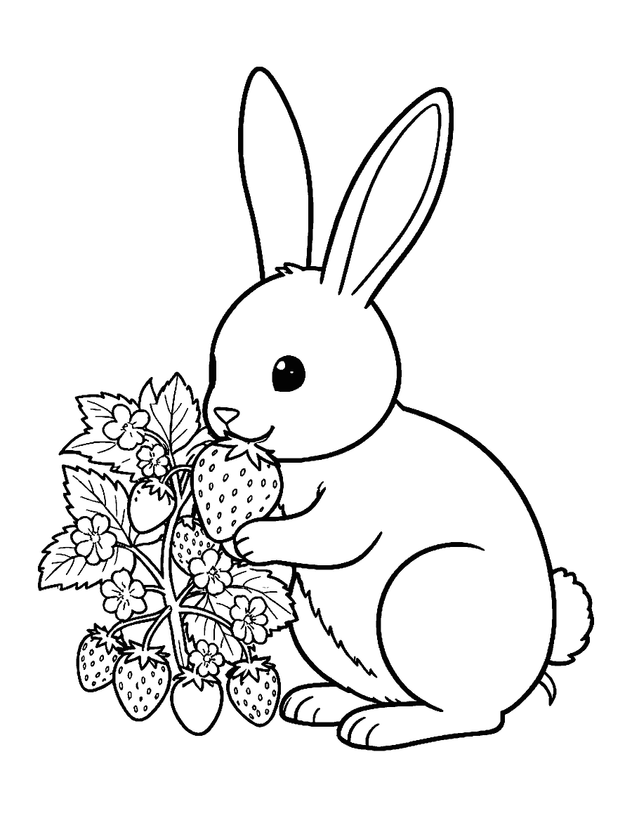 Line drawing of a bunny nibbling a big strawberry beside a strawberry plant