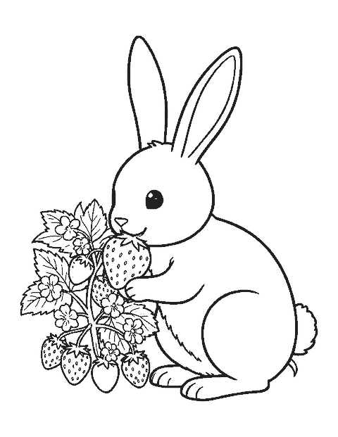Line drawing of a bunny nibbling a big strawberry beside a strawberry plant