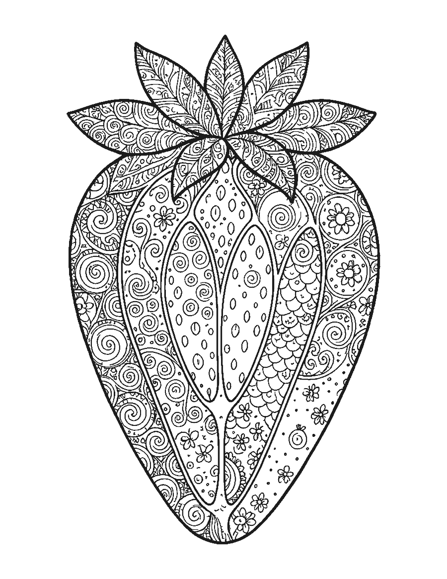 Line drawing of a giant strawberry with sections filled with swirls, dots and tiny flowers