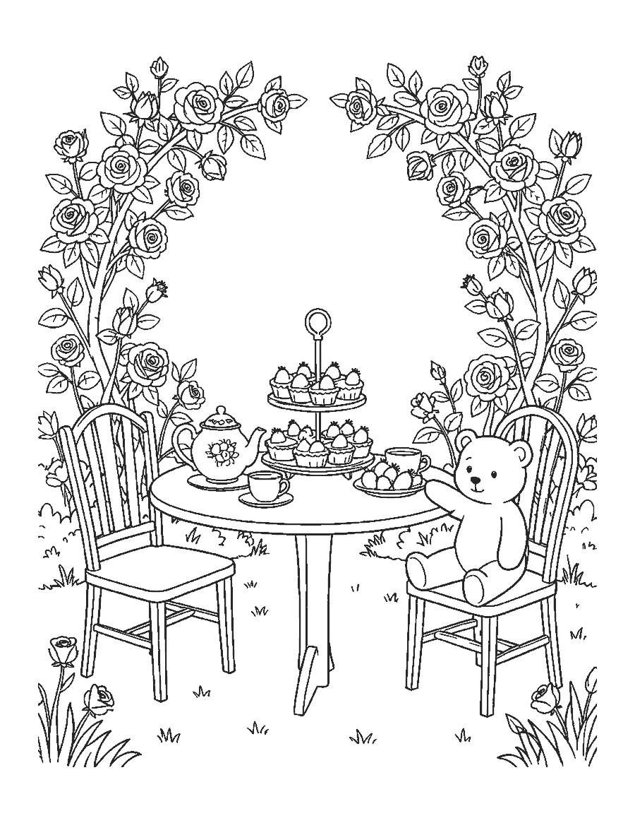 Line drawing of a garden tea party with strawberry cake, tarts, a teapot and a teddy bear