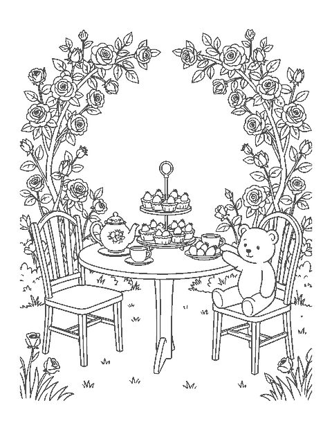 Line drawing of a garden tea party with strawberry cake, tarts, a teapot and a teddy bear