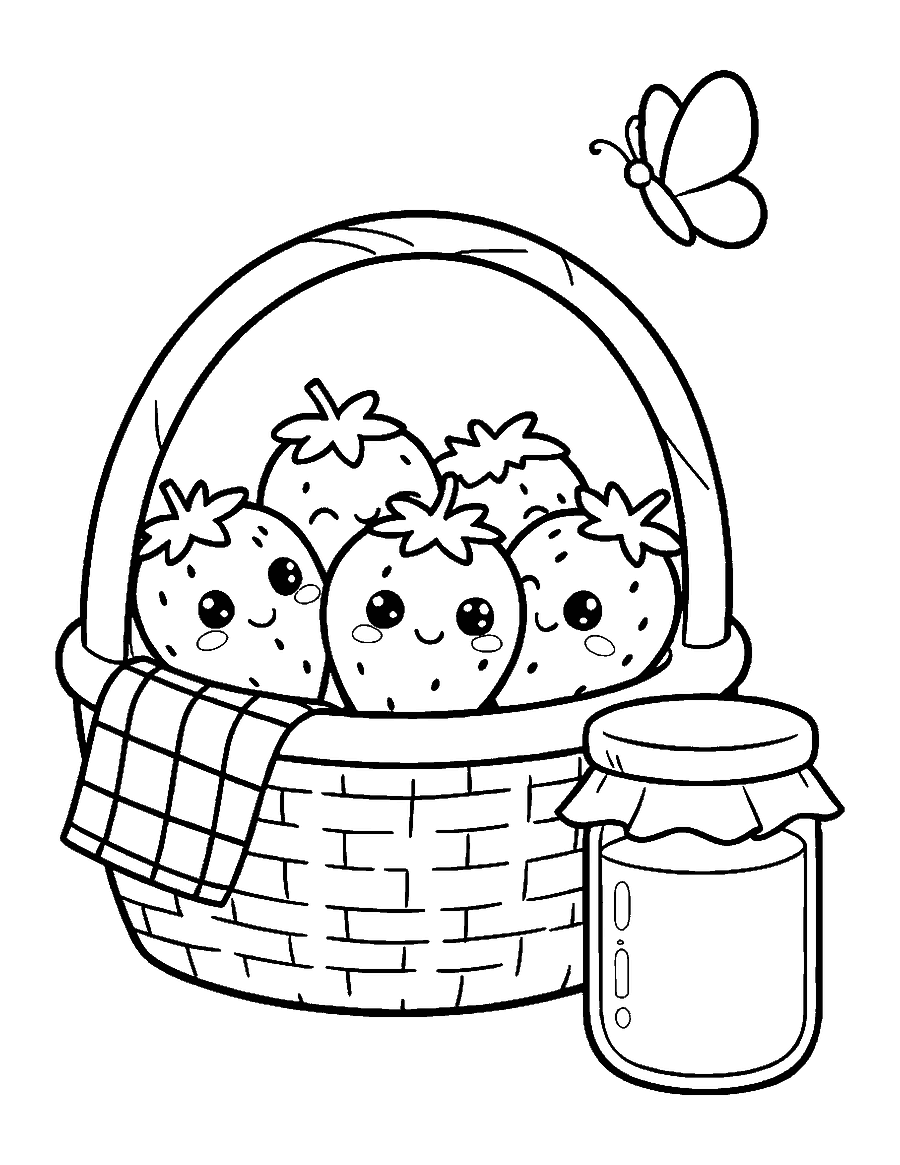 Line drawing of four cute smiling strawberries in a picnic basket beside a jar of jam