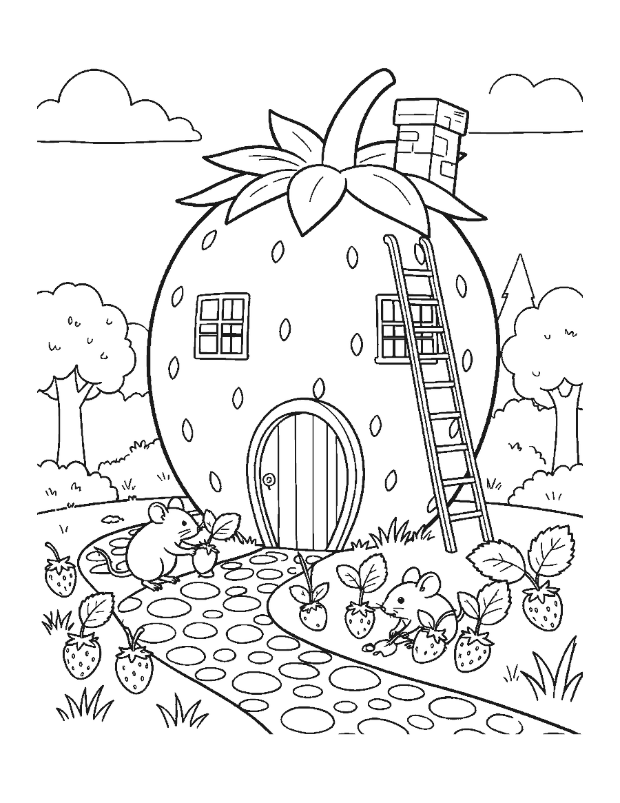 Line drawing of a giant strawberry cottage with a round door and two mice gardening