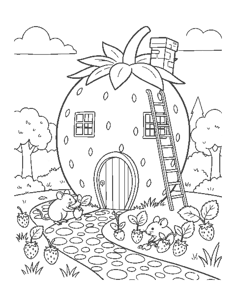 Line drawing of a giant strawberry cottage with a round door and two mice gardening